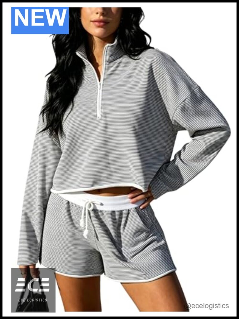 Two Piece Outfit Long Sleeve Quarter Zip Top & Wide Leg Shorts Set
